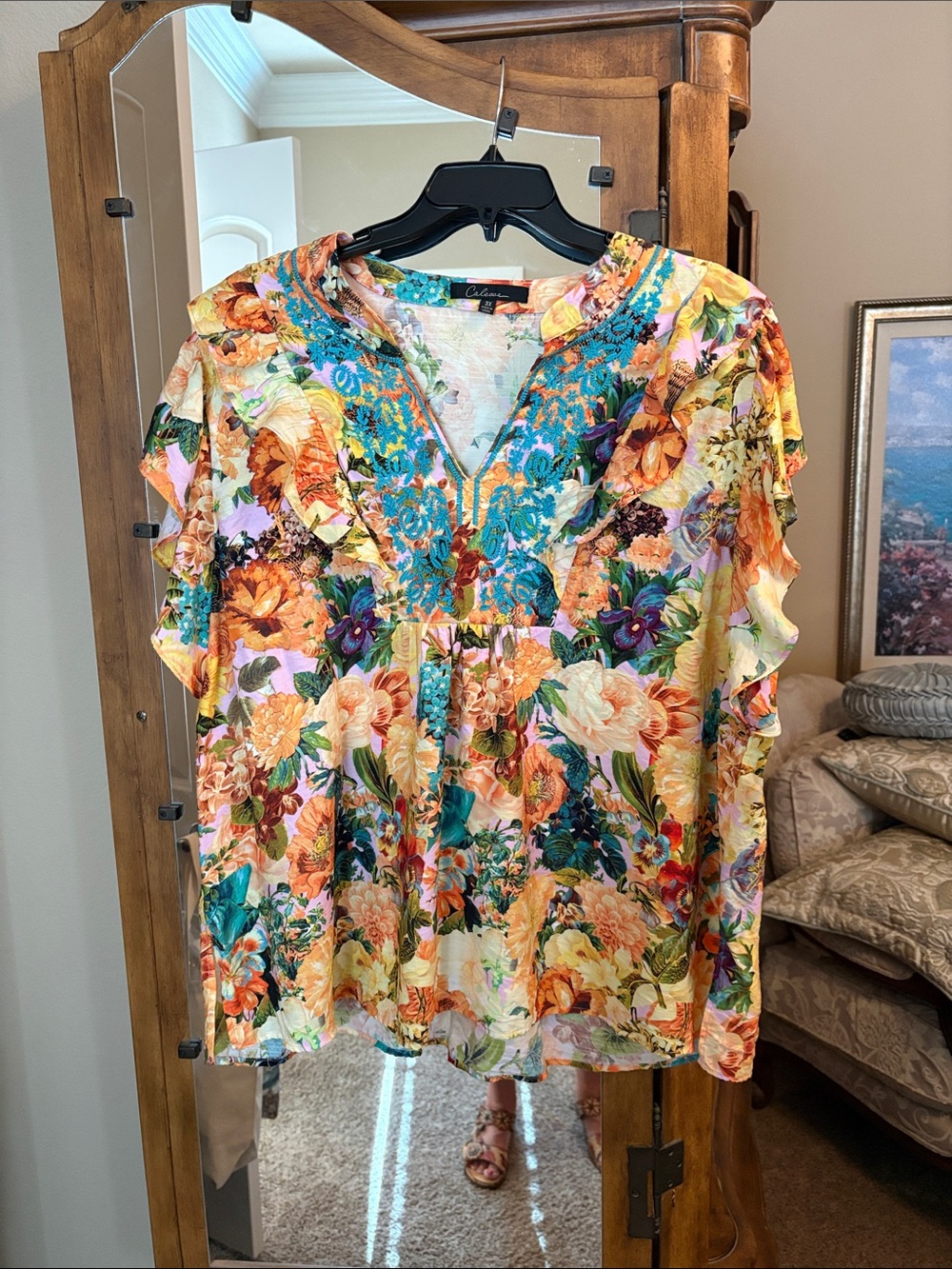 Women's Floral V-Neck Ruffle Sleeve Blouse - Multicolor